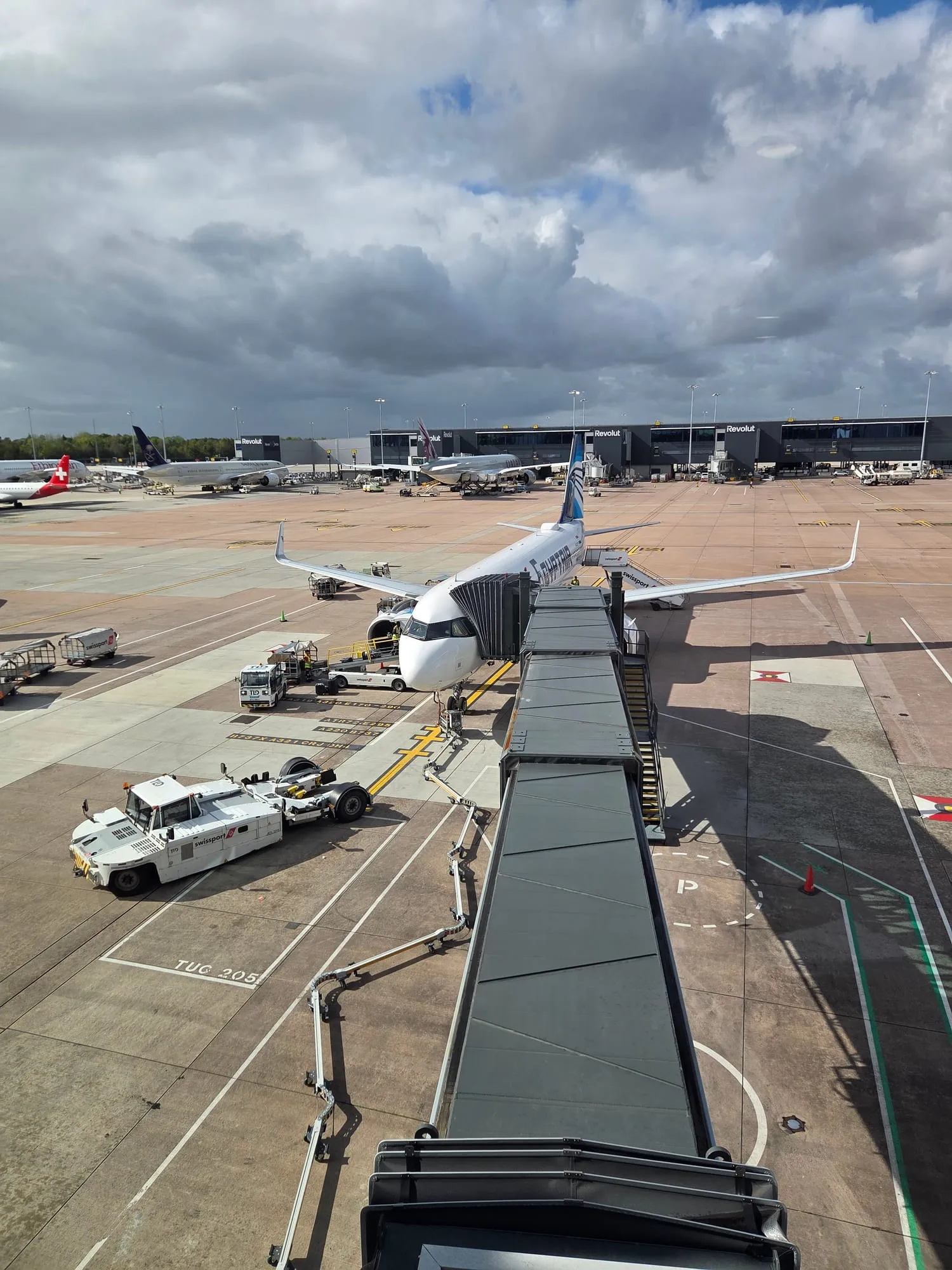EgyptAir aircraft at the gate in Manchester, seen from the terminal