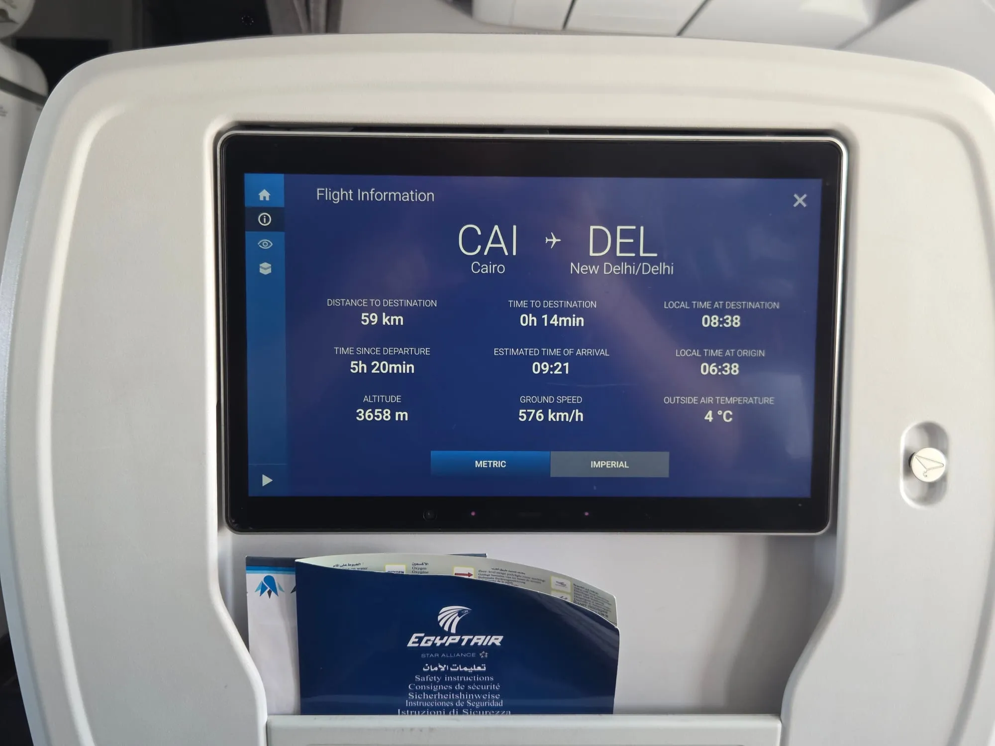 Seat-back screen on the second flight, 14 minutes from Delhi
